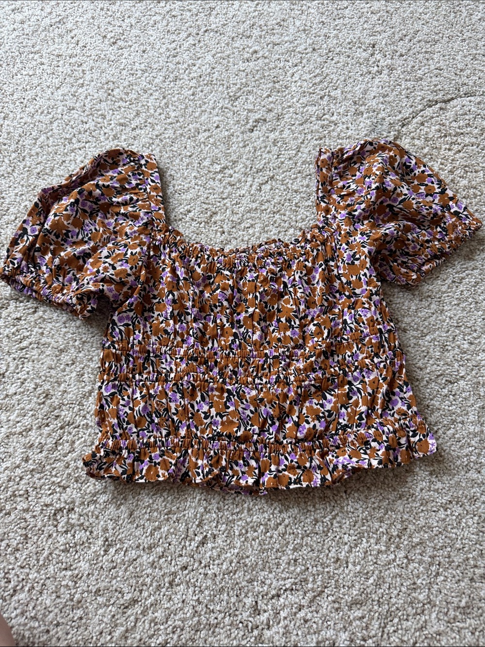 Zara Rust and Purple Floral Smocked Puff Sleeve Crop Top